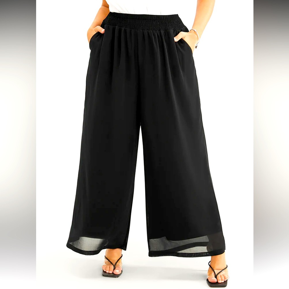 Plain Pocket Shirred Waist Chiffon Pants